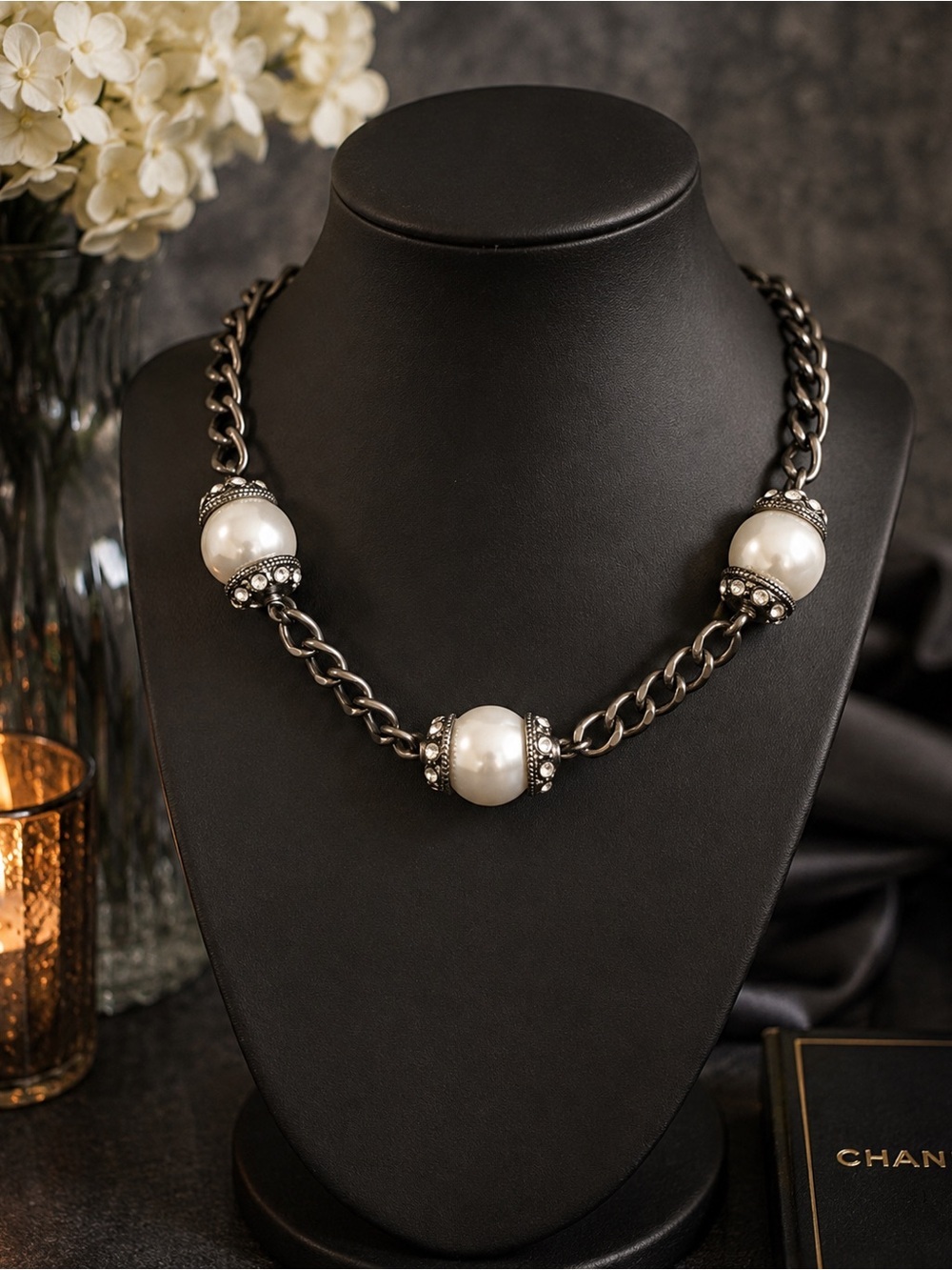 Chunky Faux Pearl Statement Necklace | Gunmetal Chain | Jeweled Bauble Necklace